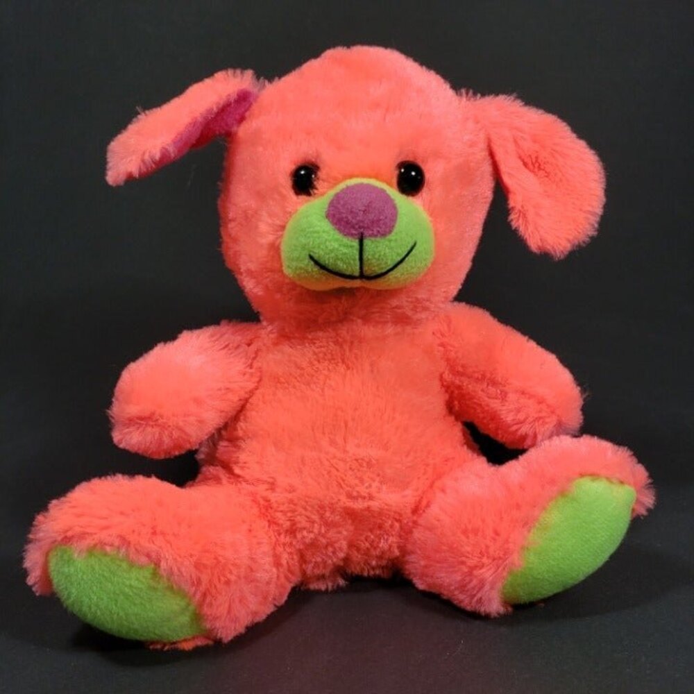 Vintage Kellytoy Dog Plush Neon Pink Yellow 12"  Stuffed Animal Plushie